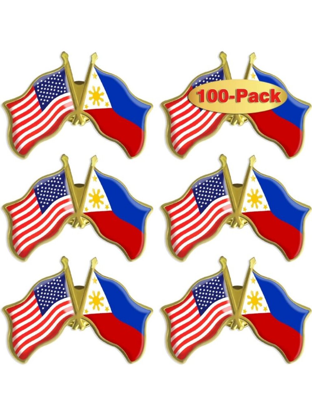 Bulk Friendship Flag Pins - 1.5” American & Philippines - 6/12/50/100 Pack